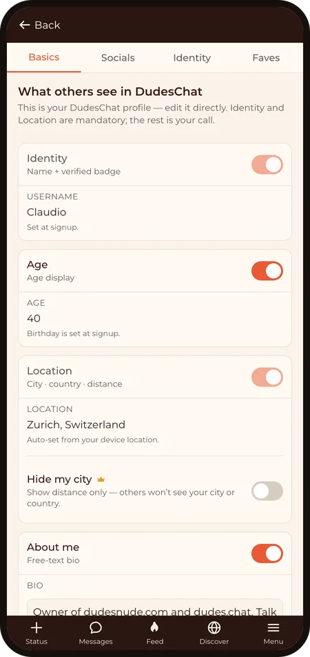 Edit my profile: What others see in DudesChat, with a switch per section